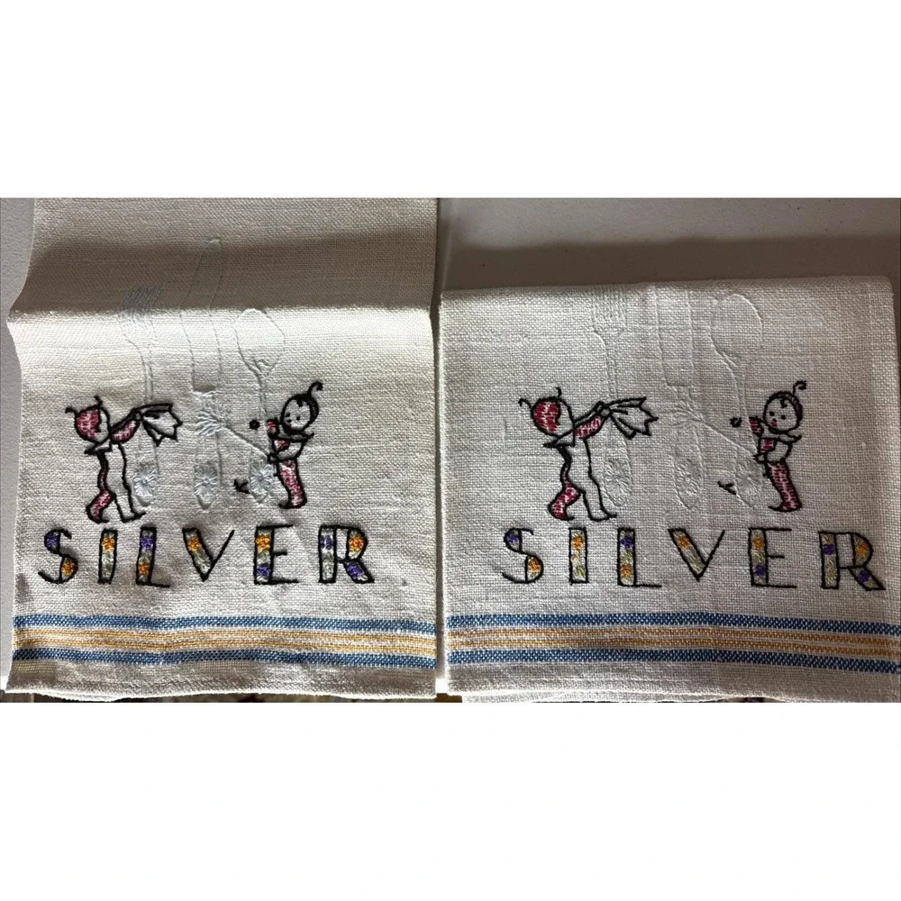 Embroidered KITCHEN TOWELS Set Of 2 Linen SILVER W Babies And Flatware